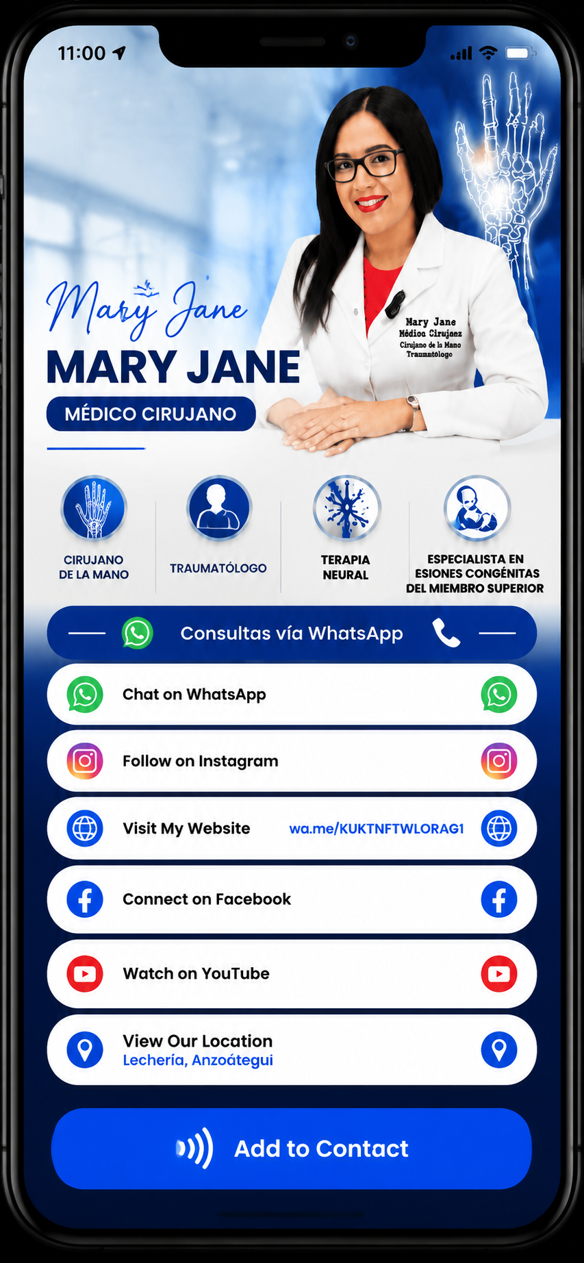 Tarjeta digital My Business Card de Mary Jane, médico cirujano